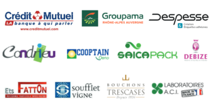 Sponsors du Salon des vignerons bio 2020 : Crédit Mutuel, Groupama, Despesse, Ville de Condrieu, Cooptain, SaicaPack, Debize, Ets Fatton, Soufflet Vigne, Bouchons Trecazés, Laboratoires A.C.I.